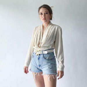 Classic Deep Plunge Cream Cowl Neck Blouse